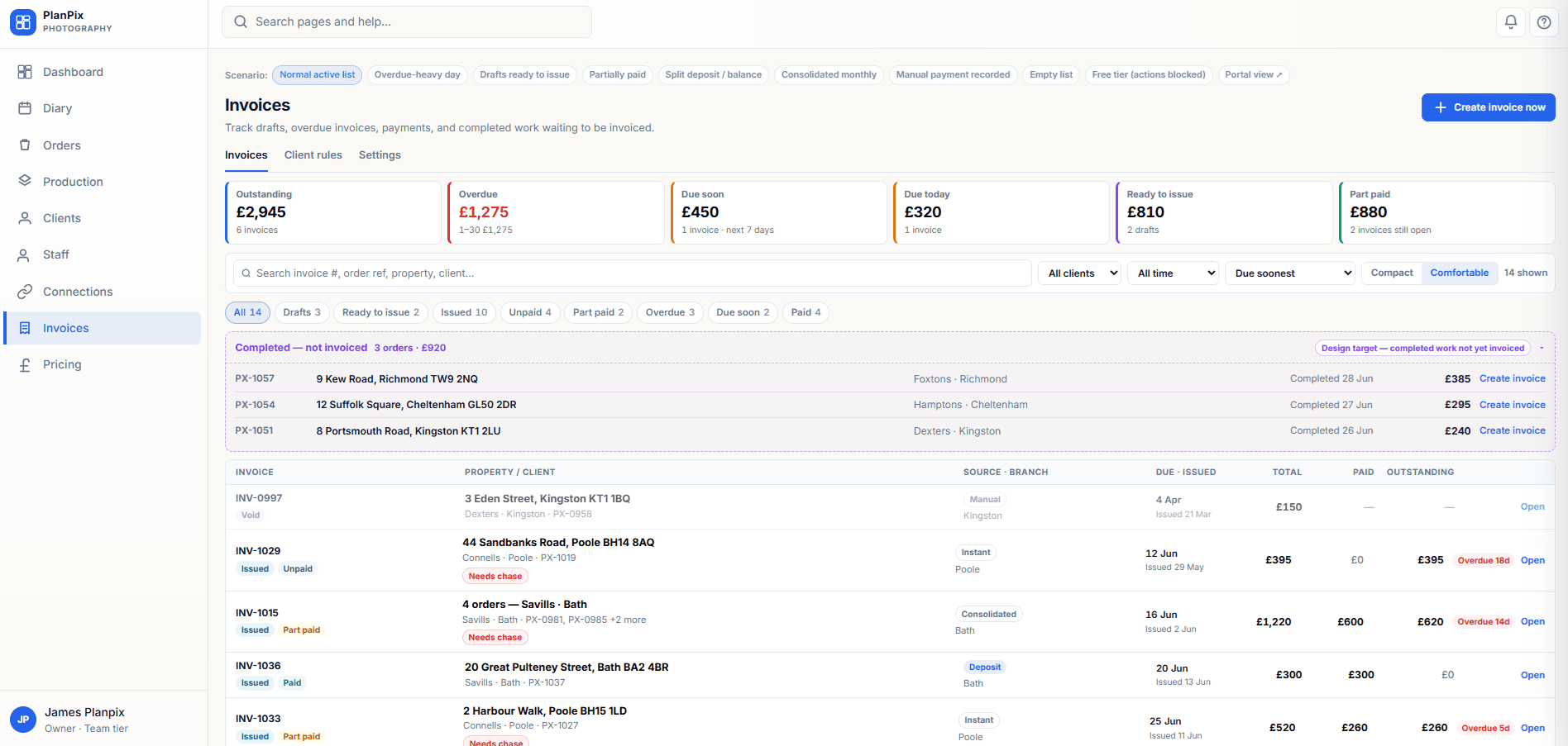 Apollo invoices hub showing draft and issued invoices with payment status.