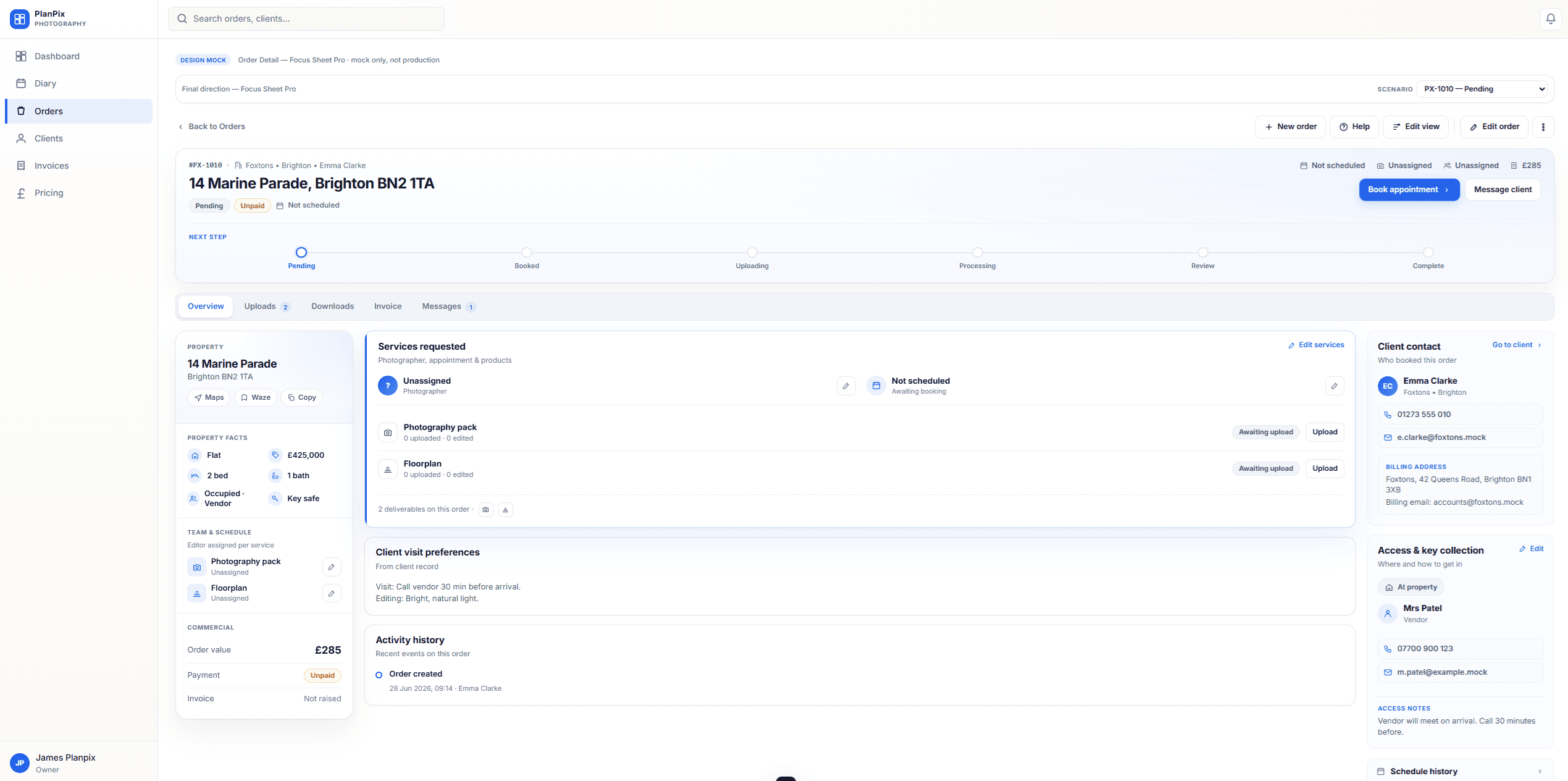 Apollo workspace order detail showing job brief, appointment, workflow and client context.